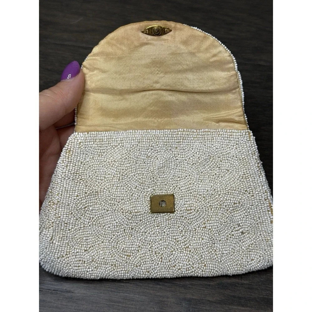 Vintage Antique White & Gold Micro-Beaded Change Purse Clutch‎ France/Italian?